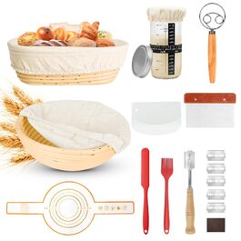 Набір для закваски з 10 шт: круглі та овальні корзини для вистоювання тіста, скляні банки для закваски 730 мл, аксесуари для хрусткої скоринки, для початківців та професіоналів