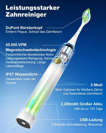 Електрична звукова зубна щітка з 6 насадками DuPont, 5 режимів, таймер, індикатор заряду, 120 днів роботи від акумулятора, 45000 VPM, відбілювання за 1 тиждень