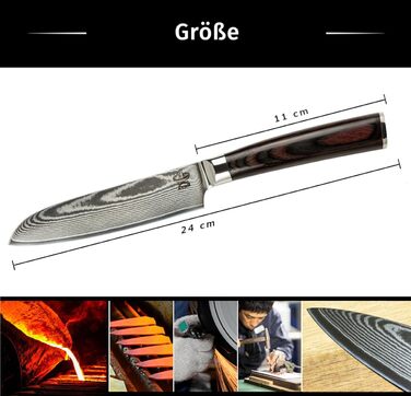 Ніж Santoku ZEUß Damast (24 см) - професійний кухонний ніж з дамаської сталі 67 шарів, з точильним каменем, дерев'яною ручкою та захистом леза, подарункова коробка