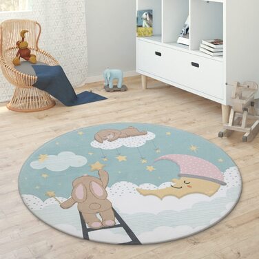 Домашній дитячий килимок Paco, круглий килимок для дитячої кімнати, дитячий килимок, нековзна зірка, місяць, слон, Веселка, розмір колір (діаметр 120 см круглий, Бірюзовий)