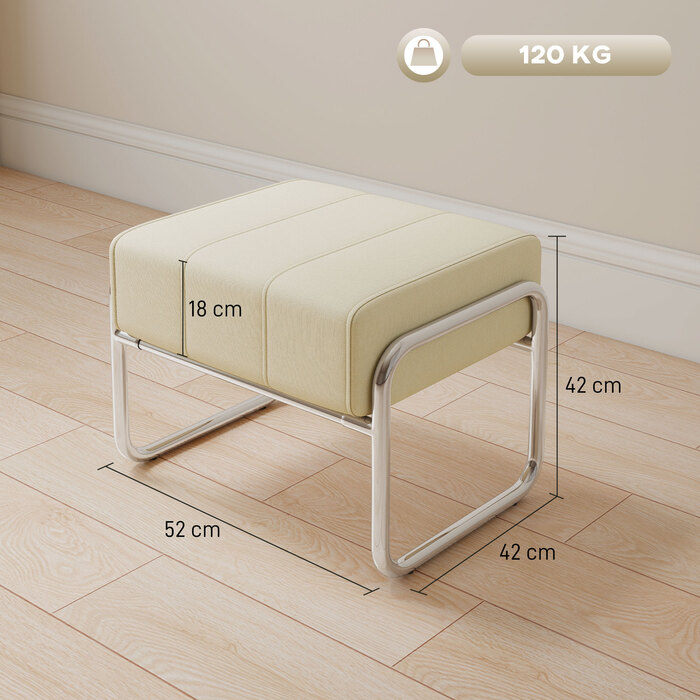 Пуф-табурет з товстим шаром наповнювача, обтягнутий тканиною жакард, з металевими ніжками, ідеально підходить для спальні, бежевого кольору.