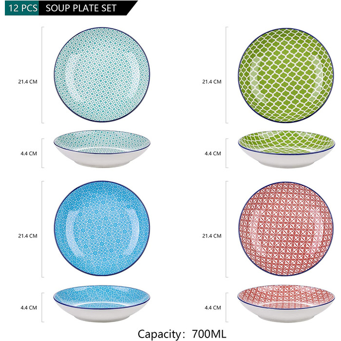 Ванкассо порцелянові миски для вмочування, маракон миски з 8 частин різнокольорові, миски для закусок діаметром 8,8 см, сервірувальні миски (супові тарілки з 12 частин)