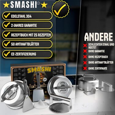 Набір для приготування бургерів SMASHI® з пресом та дзвоном – нержавіюча сталь 304, лопатка, 50 паперів для гриля, рецепти – оригінальний професійний набір