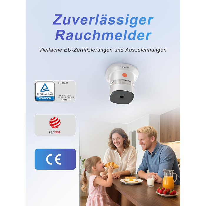 Набір датчиків диму Heiman Mini – 5 шт. з фотоелектричним сенсором, 10 років роботи від батареї, сертифікація EN14604, TÜV, CE, UKCA, DBI, 85 dB, преміум-дизайн