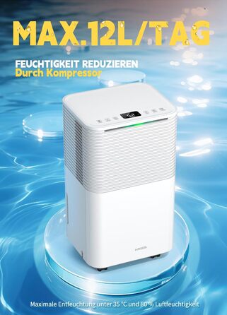 Електричний осушувач повітря 12л/день, сенсорне управління, дисплей, таймер, для дому, ванної кімнати, підвалу, білий