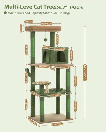 Котяче дерево, 2 кондомініуми, 6 ярусів, велике сидіння, 143см, зелений