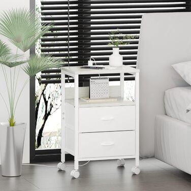 Нічний столик з ящиками та зарядкою, 2 розетки AC та 2 USB, з роликами, білий