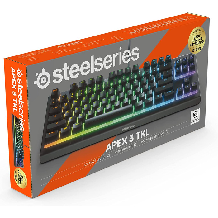 Клавіатура SteelSeries Apex 3 TKL для геймінгу – RGB, компактний форм-фактор TKL, волого- та пилостійкість, тихі геймінгові клавіші, DE Layout QWERTZ, чорний колір