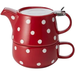 Набір чаю для одного Лу, червона кераміка, 4 предмети з ситом і кришкою з нержавіючої сталі Глечик 0,45 л / Чашка 0,25 л червоний/білий