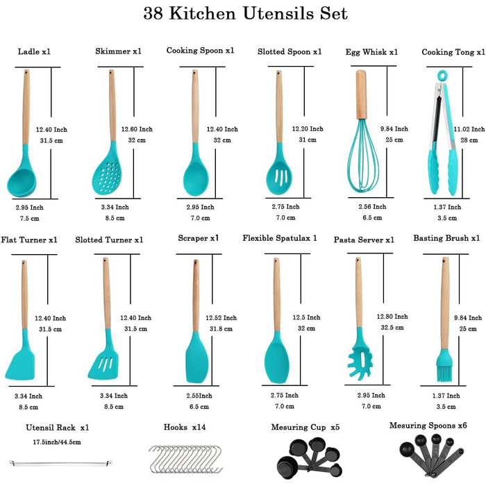Набір силіконової кухонного посуду Berglander з 38 предметів, набір посуду з антипригарним покриттям, кухонне начиння з дерев'яною ручкою інструменти з багатоцільовими гачками і тримачами для посуду (червоний) (4-й Синій)
