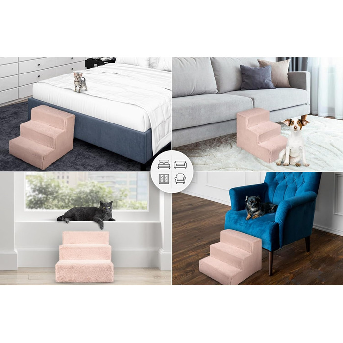 Драбина для собак 30см рожева, 3 сходинки, м'яка, портативна - платформа для дивана, ліжка, домашніх тварин до 50см