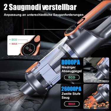 Акумуляторний ручний пилосмок Handstaubsauger 26000 Па, бездротовий автомобільний пилосмок 4-в-1 з безщітковим двигуном, HD-дисплеєм та LED-підсвіткою, помаранчевий