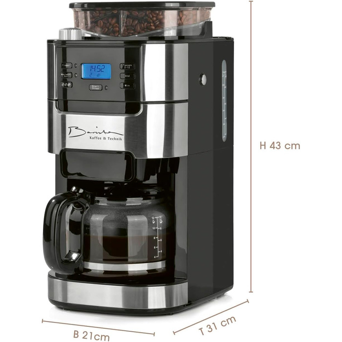 Кавомашина Barista Filterkaffeemaschine з регульованим млинком та скляною колбою | Функція підігріву, таймер 24 год та постійний фільтр | Для 10 чашок кави | Кавомашина для зерен та меленої кави [Нержавіюча сталь] 6) Нержавіюча сталь - скляна колба - з мл