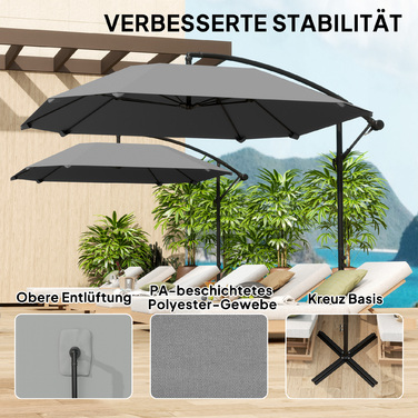 Парасолька Outsunny Centilever Alu Ø 260 см Парасолька, водонепроникна Кривошипна парасолька з підставкою, кривошипом, захистом від вітру, поворотна Ринкова парасолька похила Садова парасолька Захист від сонця для балкона Сад Патіо Темно-сірий