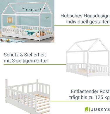 Дитяче ліжко Juskys Marli 90 x 200 см із захистом від падіння, рейковим каркасом і дахом - Дитяче ліжко з масиву дерева - Ліжко в білому кольорі