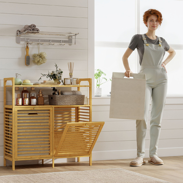 Стійка для білизни HOMCOM з 2 кошиками для білизни, окремо стояча бамбукова стійка для ванної кімнати, пральні, з натурального дерева + кремово-білого кольору