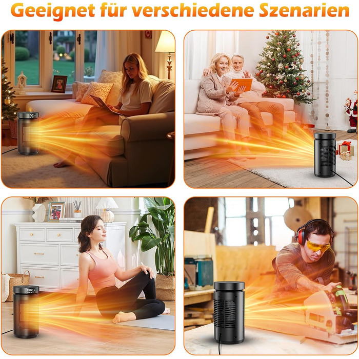 Електричний обігрівач 1500W з PTC керамічним нагрівачем, тихий (34 dB), з термостатом, таймером (12 год) та захистом від перегріву та перекидання. З пультом керування, чорний.