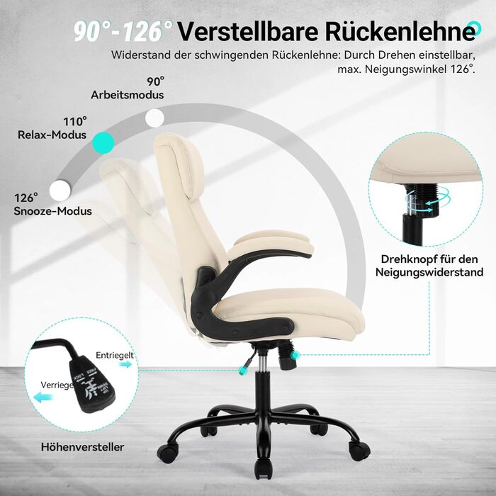 Офісний крісло Colamy: ергономічне, з високою спинкою, регульовані підлокітники, шкіряне покриття (слонова кістка)