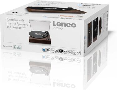 Програвач вінілу Lenco LS-15BK Bluetooth, 2 вбудовані динаміки, AT3600L, ремінний привід, автостоп, 33/45 об/хв, AUX, RCA, коричневий