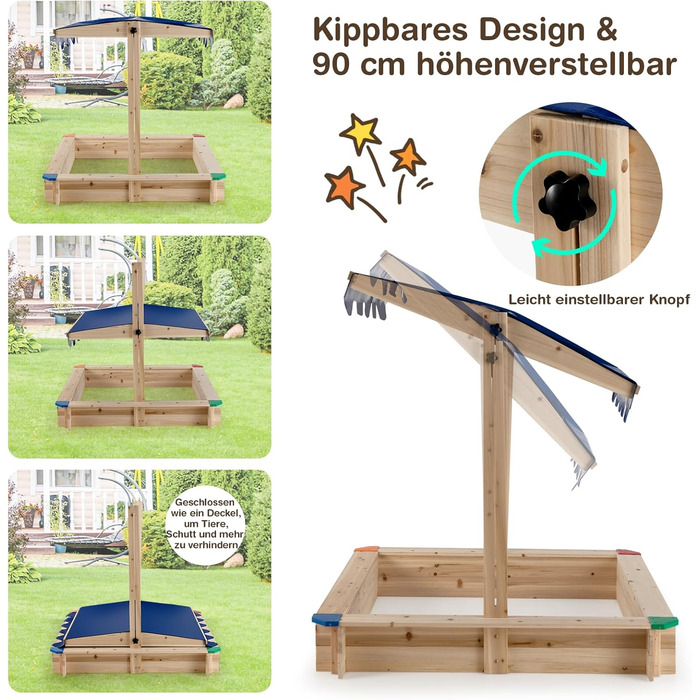 Дерев'яна пісочниця DREAMADE 121x121x120 см з регульованим дахом, для дитячого майданчика в саду, вдома, на пляжі