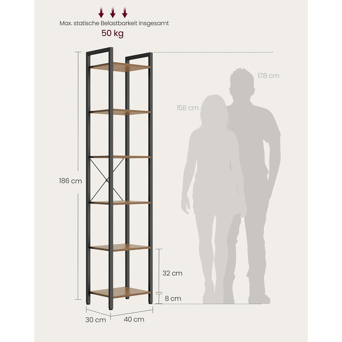 Стелаж VASAGLE Regal: 6 полиць, 30x40x186 см, для офісу, вітальні, спальні, кухні (натурально-бежевий + матовий білий)