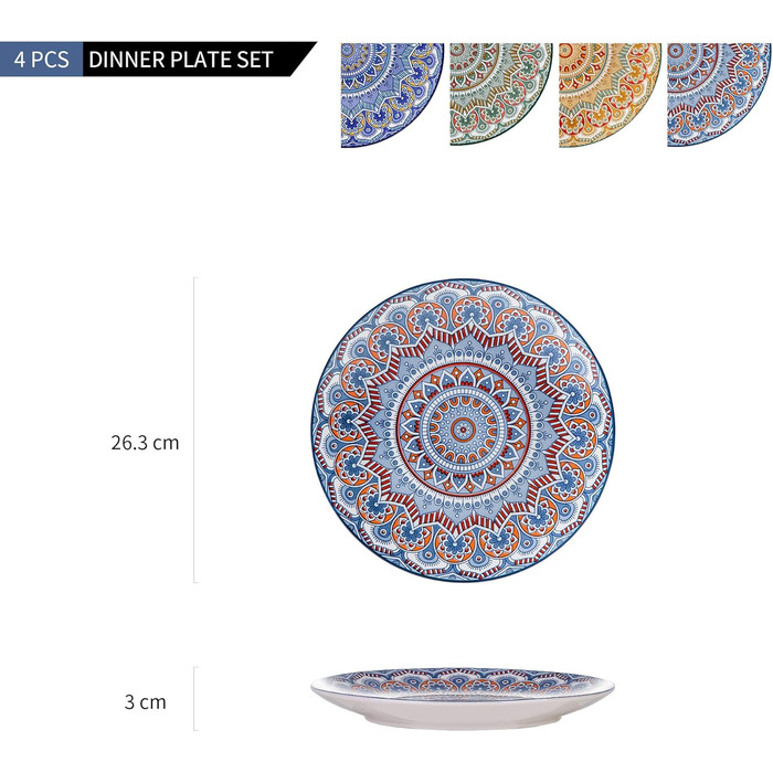 Посуд Vancasso MANDALA 16 предметів, керамічний набір для 4 осіб, розпис ручної роботи, богемський стиль (4 тарілки обідні, бірюзовий мандала)
