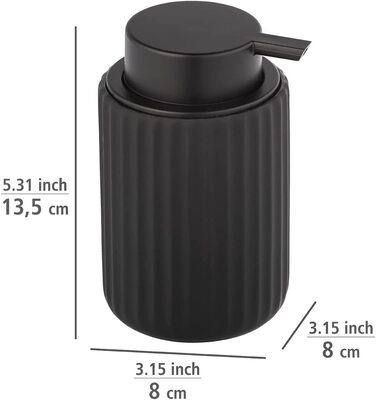 Дозатор рідкого мила WENKO Belluno, дозатор багаторазового використання для мила з високоякісної кераміки, дозатор мила з сучасною структурою канавок, м'який на дотик, матовий / чорний, Ø 8 х 13,5 см, об'єм наповнення 300 мл (чорний)