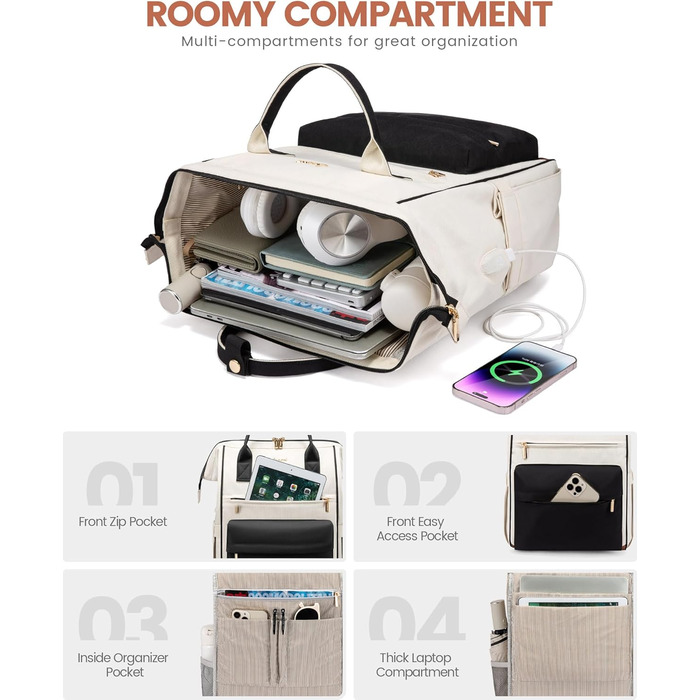 Сумка-рюкзак LOVEVOOK для жінок, для ноутбука, подорожей, роботи, школи, університету. Містка, водонепроникна, елегантна, бежева (15,6 дюймів)
