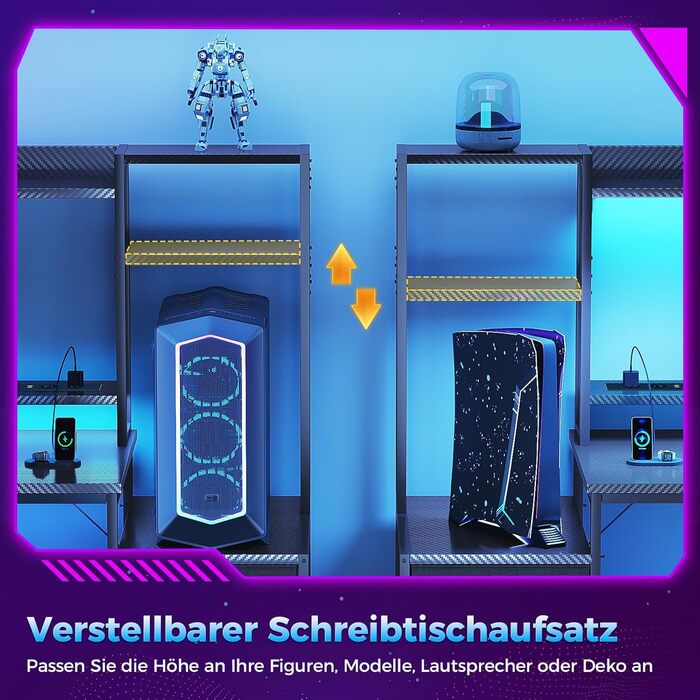 Ігровий стіл Coleshome з полицею та шухлядами, 137×48 см. Стіл для ігор з LED-підсвічуванням, розеткою, полицями та підставкою для монітора. Вуглецеве волокно, чорний колір