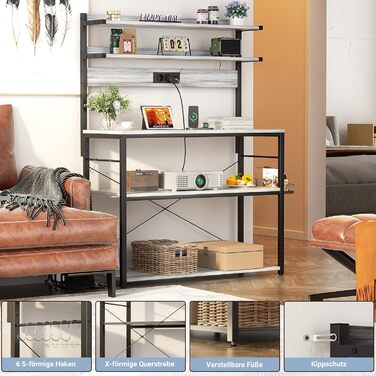 Кухонна полиця-стійка з розеткою, підставка для мікрохвильовки, 5-рівнева кавова станція з LED-підсвіткою, полиця для спецій, каструль та сковороди (80см, Білий дуб)