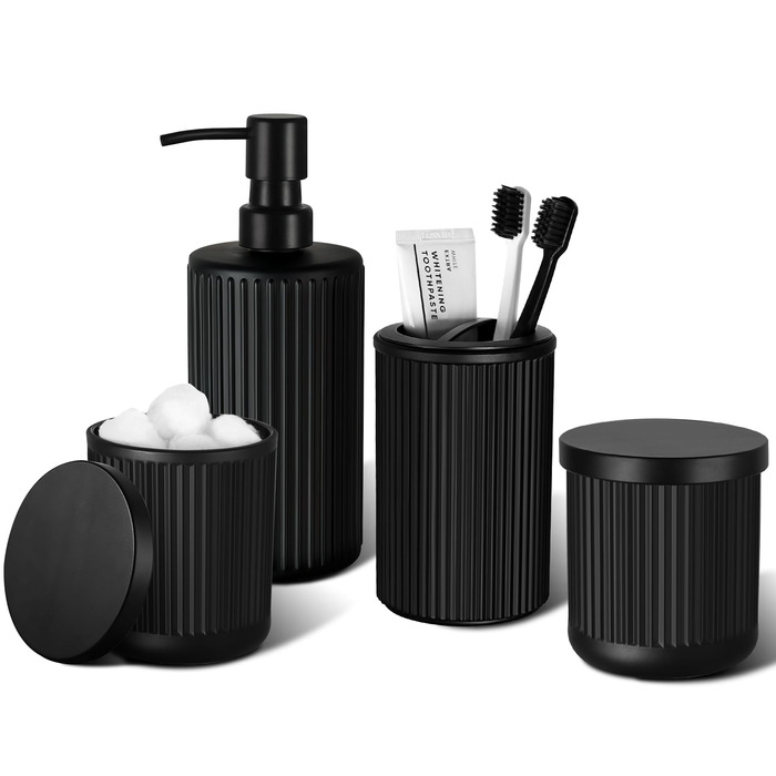 Чорний матовий набір аксесуарів для ванної кімнати на 4 частини: диспенсер для мила, тримач для зубних щіток, контейнер для ватних паличок. Сучасний комплект для ванної кімнати