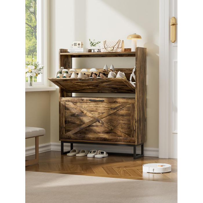 Шафа для взуття з 2 відкидними дверцятами, полиця для взуття в передпокій, вузька шафа-кіпер для взуття з 4 полицями, тумба для взуття з металевими ніжками, органайзер для взуття з дерева для стіни, 80x23,8x101,7 см, Білий (Коричневий)