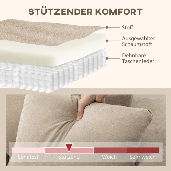 HOMCOM кутовий диван у формі літери L з регульованим шезлонгом, 3-місний диван з 2 подушками, металевий каркас, для вітальні, бежевий