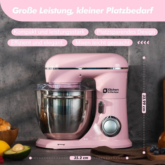 Кухонна машина Kitchen in the box рожевого кольору 6 л з 2 чашами по 3,5 л, 10 швидкостей, міксер з гаками та вінчиками