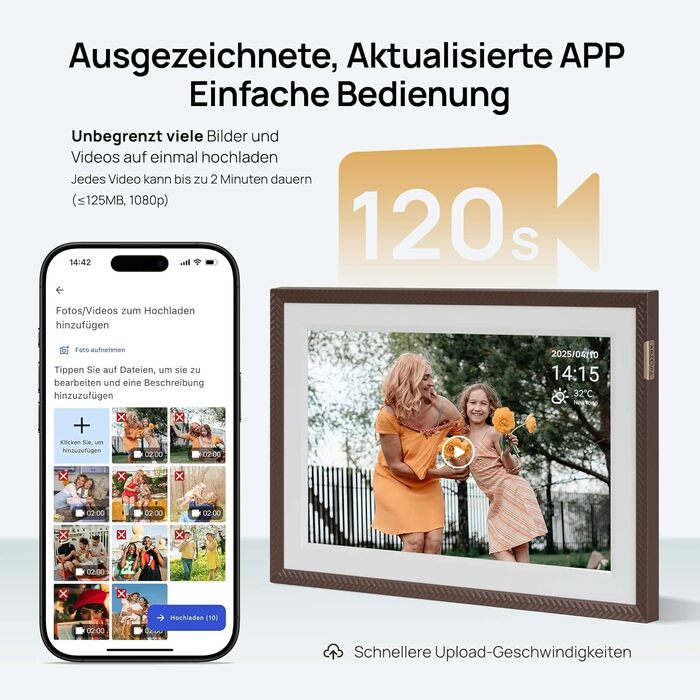 Цифровий фоторамка ARZOPA 15.6 дюймів з безлімітним хмарним сховищем, віддаленою передачею фото та відео, FHD сенсорним екраном. Ідеальний подарунок! Модель D15 (Коричневий)