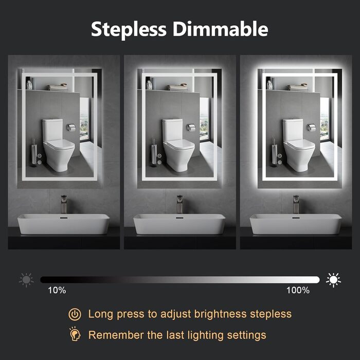 Дзеркало для ванної кімнати Youyijia з підсвічуванням, 70x50 см, антизапітніюче, сенсорне керування, 3 кольори світла, регулювання яскравості