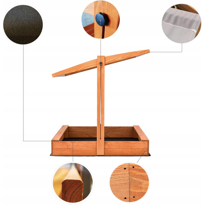 Пісочниця з дахом та сонцезахистом UV 100+, сіра, 100x100 см, з флісовою підкладкою, дерево