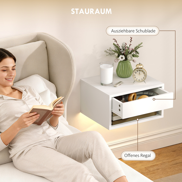 Набір з двох приліжних тумбочок з RGB-підсвіткою, приліжкові тумбочки з плавною конструкцією з висувним ящиком та відкритою полицею, білий