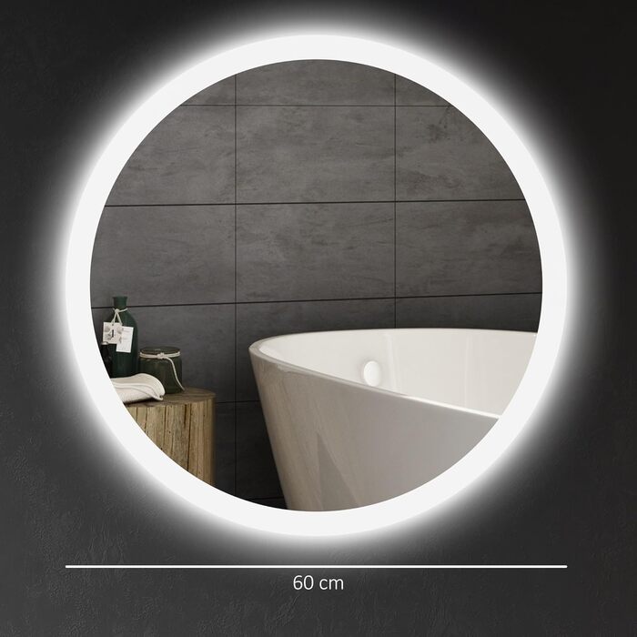 Дзеркало для ванної кімнати Kleankin Ø60 см з підсвічуванням LED, кругле, з сенсорним вимикачем, функцією пам'яті, протизапотівальне, 3 кольори світла (білий+срібний), 60x60 см