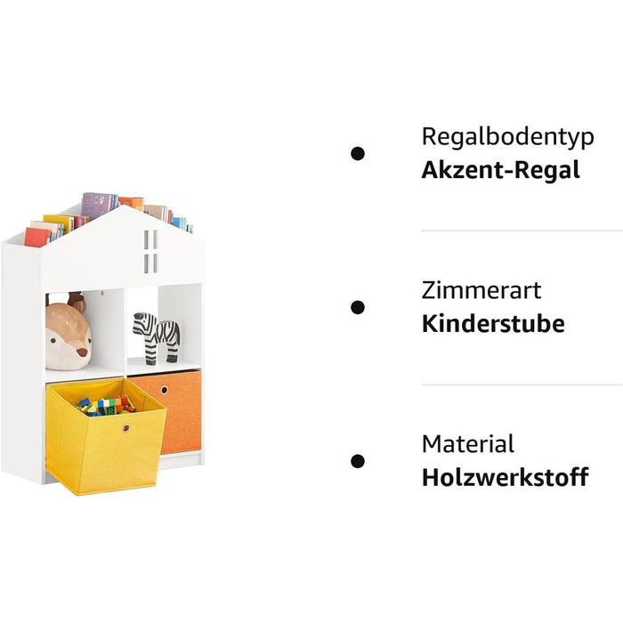 Дитяча книжкова шафа SoBuy KMB49-W з дизайном будинку Дитяча полиця з 2 тканинними коробками Стелаж для зберігання іграшок для дітей Органайзер для іграшок білий BHT Приблизно 65x927см