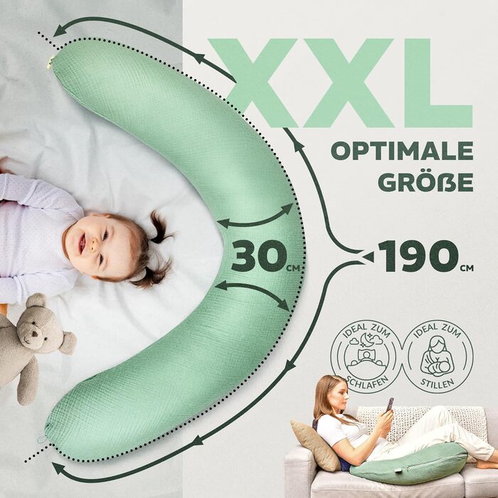 Подушка для вагітних Sei Design XXL: ергономічна, з м'якою екологічною начинкою, 190x30 см, бавовна, Mint Green