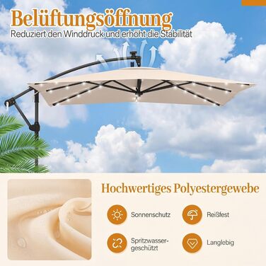 Садова парасолька COSTWAY 250x250 см з LED-підсвіткою, стійкою та рукояткою, квадратна сонцезахисна парасолька для тераси, басейну та двору, бежева