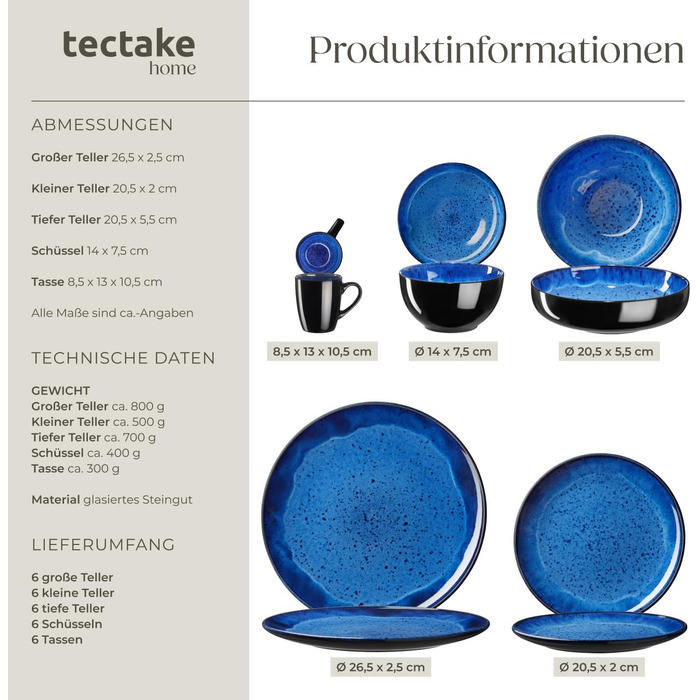 Набір посуду Tectake 30 предметів для 6 осіб, керамічний, блакитний (Nautic Blue)