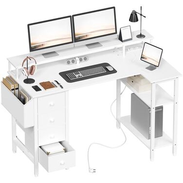 Кутовий стіл Yaheetech L-подібний з розетками, 120 x 68 см, білий. Ігровий стіл з кріпленням для монітора, 4 шухлядами, 2 полицями та кишенькою для зберігання. Для дому та офісу.