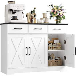 Сервант HOCSOK з 3 шухлядами та 3 дверцятами для кухні, буфет з робочою поверхнею, для вітальні, їдальні, з дерева, білий & коричневий (білий & чорний)