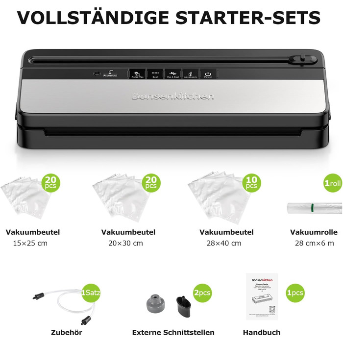 Вакууматор для продуктів Bonsenkitchen для сухих та вологих продуктів з вбудованим різачем, чорний (комплект з рулоном та пакетами)
