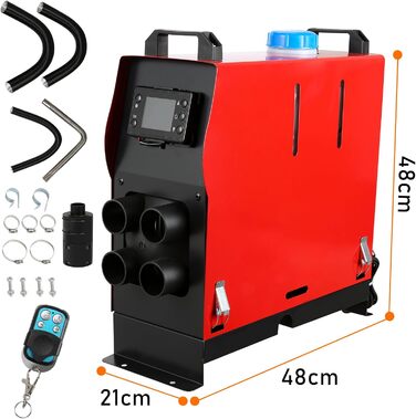 Дизельний обігрівач 8kW 12V з Bluetooth, LCD-дисплеєм та пультом дистанційного керування для автодому, авто, човна, каравану, червоний