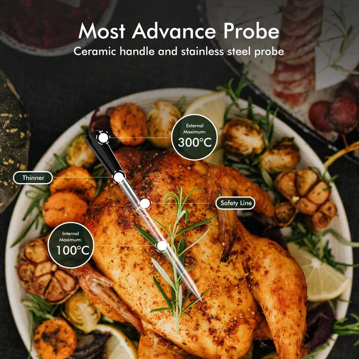 Термометр для м'яса з дистанційним моніторингом 130 м, для гриля, духовки, коптильні та кухні, термометр для гриля, IPX7 водонепроникний, відстеження температури в реальному часі, сумісний з iOS/Android, сріблясто-сірий