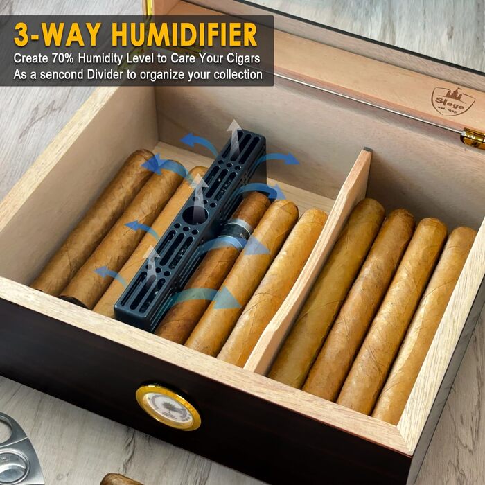 Вологостійкий вологомір для сигар, дерев'яний ящик для сигар з іспанської кедру, вологомір, роздільники, аксесуар для сигар, подарунок для чоловіків (30-50 сигар), чорний