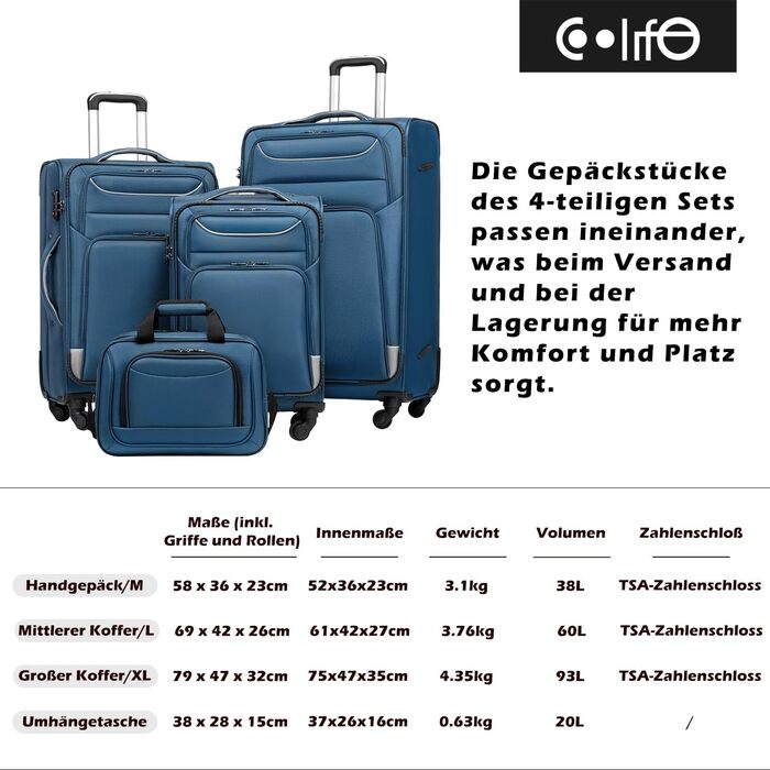 Валіза COOLIFE з 4 колесами, ручна валіза з TSA-замком, тканинна валіза, комплект 2 шт (середня, блакитний+сріблястий)